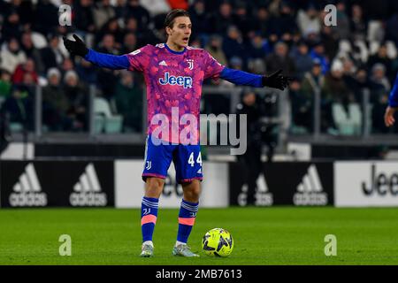 Nicolo Fagioli della Juventus FC reagisce durante la partita di calcio della Coppa Italia tra la Juventus FC e l'AC Monza. Foto Stock