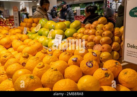 Shopping alla grande apertura di Whole Foods Market, supermercato Wall Street a New York mercoledì 11 gennaio 2023. Gli analisti prevedono che i dati sull'inflazione domani confermeranno che l'inflazione si sta raffreddando. (© Richard B. Levine) Foto Stock