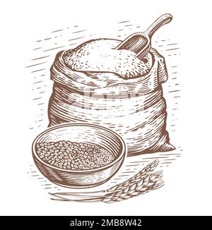 Concetto di farina per la cottura. Fattoria cibo biologico. Illustrazione vettoriale vintage di schizzo disegnata a mano Illustrazione Vettoriale