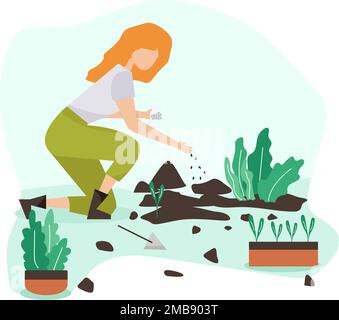 Gente di giardinaggio primavera. disegno vettoriale piatto donne, facendo hobby giardino work.Spring giardinaggio concetto Illustrazione Vettoriale