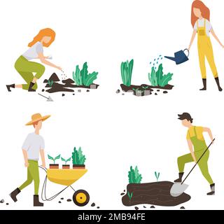 Giardinaggio persone set, Spring.flat concetto di illustrazione vettore di persone diverse -uomini e donne, facendo hobby giardino work.Spring giardinaggio concetto Illustrazione Vettoriale