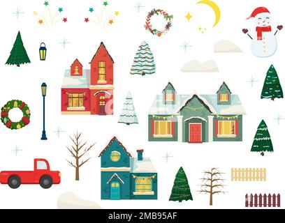 Capodanno e Natale set casa. Inverno stilizzato graziose case accoglienti con pupazzo di neve, alberi, montagne. Collezione Winter City. Illustrazione vettore vacanze Illustrazione Vettoriale