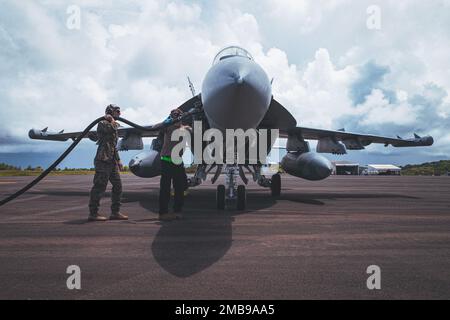 STATI UNITI Thomas Orlowski (a sinistra), coordinatore dei dati di pista, e staff Sgt. Christopher Trimarco (a destra), un capo equipaggio di F35 con 354th Air Expeditionary Wing, rifornire una Navy EA-18G Growler su Palau a sostegno di Valiant Shield 22, 13 giugno 2022. Esercizi come Valiant Shield consentono alle forze congiunte del comando Indo-Pacifico di integrare le forze di tutti i rami del servizio per condurre effetti precisi, letali e schiaccianti multiasse, multidominio che dimostrano la forza e la versatilità della forza congiunta e il nostro impegno per un libero e aperto Indo-Pacifico Foto Stock