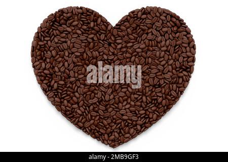 I chicchi di caffè arrostiti si diffondono come fondo a forma di cuore. 3d rendering del concetto di cibo e bevande da asporto Foto Stock