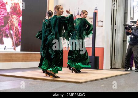 Fiammingo. Donne che fanno flamenco. FITUR. IFEMA. Fiera turistica. Evento che si svolge ogni anno a Ifema, nella città di Madrid, Spagna. MADRID Foto Stock