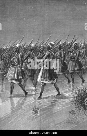 ''i francesi a Dahomey -- le Amazzoni del re di Dahomey che attraversano una palude il marzo', 1890. Da "The Graphic. Un quotidiano settimanale illustrato", Volume 42. Da luglio a dicembre 1890. Foto Stock