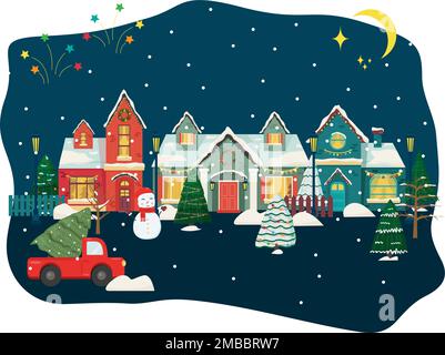 Notte innevata nell'accogliente panorama della città di natale. Inverno villaggio di natale Illustrazione Vettoriale