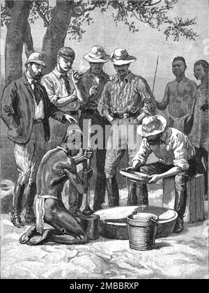 ''Lord Randolph Churchill in Sud Africa; guarda gli esperti 'panning out' campioni dalle miniere d'oro di Mashonaland. ', 1891. Da "The Graphic. Un quotidiano settimanale illustrato", Volume 44. Da luglio a dicembre 1891. Foto Stock