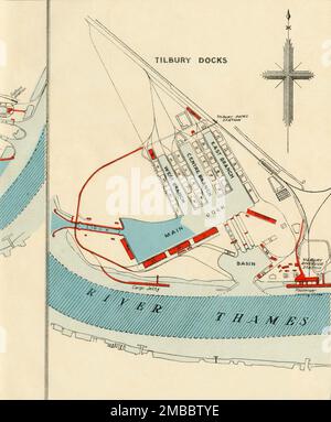 "Port of London Authority - MAP", 1937. Il Tamigi a Tilbury, con i moli, la stazione ferroviaria, il molo di sbarco passeggeri, il molo di carico, serratura e vaschetta. Da "The Said Noble River", da Alan Bell. [The Port of London Authority, Londra, 1937] Foto Stock