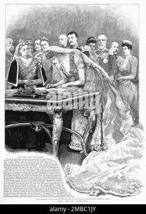 ''il matrimonio reale; la principessa Louise firma il Registro nella Sala Verde, Castello di Windsor il 6 luglio 1891', 1891. Da "The Graphic. Un quotidiano settimanale illustrato", Volume 44. Da luglio a dicembre 1891. Foto Stock