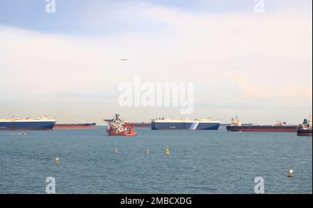 Ocean Liner, autocisterna e nave da carico nello stretto di Singapore. Foto Stock