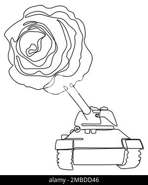 Una linea continua di serbatoio con rosa sulla fine del cannone. Concetto di vettore di illustrazione a linea sottile. Disegno di contorno idee creative. Illustrazione Vettoriale