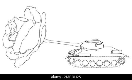 Una linea continua di serbatoio con rosa sulla fine del cannone. Concetto di vettore di illustrazione a linea sottile. Disegno di contorno idee creative. Illustrazione Vettoriale