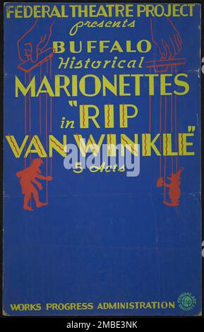 RIP Van Winkle, Buffalo, NY, 1936. Il progetto del Teatro Federale, creato dagli Stati Uniti Works Progress Administration nel 1935, è stata progettata per conservare e sviluppare le competenze degli operai teatrali, riutilizzarle in soccorso pubblico, e per portare il teatro a migliaia negli Stati Uniti che non avevano mai visto prima spettacoli teatrali dal vivo. Foto Stock