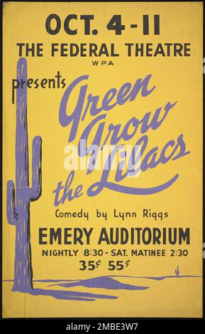 Verde crescere i Lilacs, Cincinnati, 1937. 'The Federal Theatre WPA presenta "Green Grow the Lilacs" - Commedia di Lynn Riggs - Emery Auditorium...'. Il progetto del Teatro Federale, creato dagli Stati Uniti Works Progress Administration nel 1935, è stata progettata per conservare e sviluppare le competenze degli operai teatrali, riutilizzarle in soccorso pubblico, e per portare il teatro a migliaia negli Stati Uniti che non avevano mai visto prima spettacoli teatrali dal vivo. Foto Stock