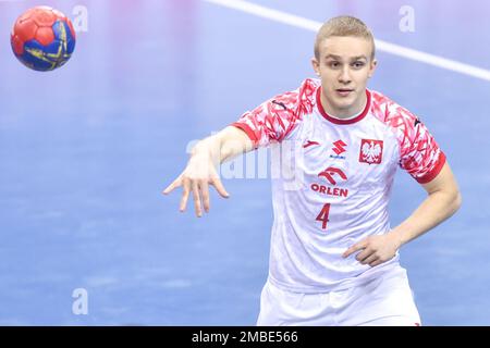 Cracovia, Polonia. 20th Jan, 2023. Piotr Jedraszczyk durante la partita del Campionato Mondiale IHF MenÕs tra Montenegro e Polonia il 20 gennaio 2023 a Cracovia, Polonia. (Foto di PressFocus/Sipa USA) Credit: Sipa USA/Alamy Live News Foto Stock