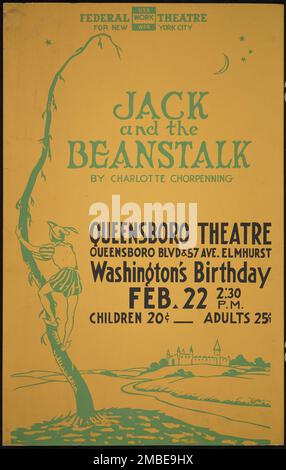 Jack and the Beanstalk, New York, [1930s]. Il progetto del Teatro Federale, creato dagli Stati Uniti Works Progress Administration nel 1935, è stata progettata per conservare e sviluppare le competenze degli operai teatrali, riutilizzarle in soccorso pubblico, e per portare il teatro a migliaia negli Stati Uniti che non avevano mai visto prima spettacoli teatrali dal vivo. Foto Stock
