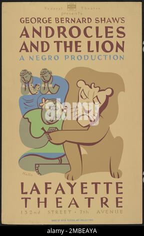 Androcles and the Lion, New York, 1938. Il progetto del Teatro Federale, creato dagli Stati Uniti Works Progress Administration nel 1935, è stata progettata per conservare e sviluppare le competenze degli operai teatrali, riutilizzarle in soccorso pubblico, e per portare il teatro a migliaia negli Stati Uniti che non avevano mai visto prima spettacoli teatrali dal vivo. Foto Stock