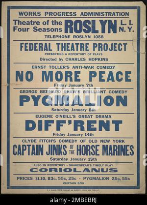 No More Peace, Roslyn, NY, [1930s]. Il progetto del Teatro Federale, creato dagli Stati Uniti Works Progress Administration nel 1935, è stata progettata per conservare e sviluppare le competenze degli operai teatrali, riutilizzarle in soccorso pubblico, e per portare il teatro a migliaia negli Stati Uniti che non avevano mai visto prima spettacoli teatrali dal vivo. Foto Stock