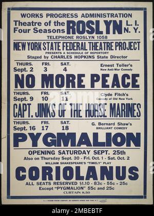 No More Peace, Roslyn, NY, [1930s]. Il progetto del Teatro Federale, creato dagli Stati Uniti Works Progress Administration nel 1935, è stata progettata per conservare e sviluppare le competenze degli operai teatrali, riutilizzarle in soccorso pubblico, e per portare il teatro a migliaia negli Stati Uniti che non avevano mai visto prima spettacoli teatrali dal vivo. Foto Stock