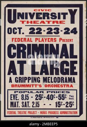 Criminale in generale, Siracusa, NY, [193-]. Il progetto del Teatro Federale, creato dagli Stati Uniti Works Progress Administration nel 1935, è stata progettata per conservare e sviluppare le competenze degli operai teatrali, riutilizzarle in soccorso pubblico, e per portare il teatro a migliaia negli Stati Uniti che non avevano mai visto prima spettacoli teatrali dal vivo. Foto Stock