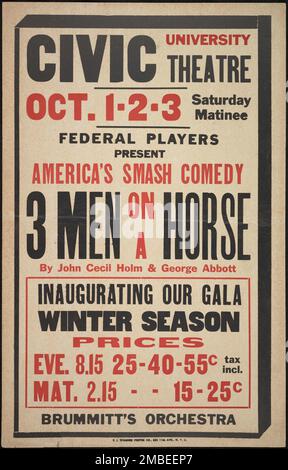 Three Men on a Horse, Syracuse, NY, 1936. Il progetto del Teatro Federale, creato dagli Stati Uniti Works Progress Administration nel 1935, è stata progettata per conservare e sviluppare le competenze degli operai teatrali, riutilizzarle in soccorso pubblico, e per portare il teatro a migliaia negli Stati Uniti che non avevano mai visto prima spettacoli teatrali dal vivo. Foto Stock