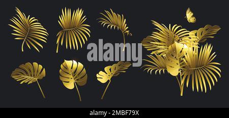set di rami dorati di piante tropicali e una farfalla su sfondo nero Illustrazione Vettoriale