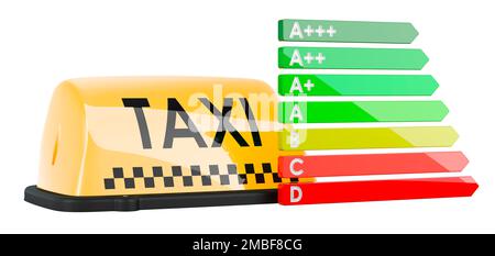 Taxi con tabella di efficienza energetica, 3D rendering isolato su sfondo bianco Foto Stock