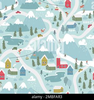 Divertente paesaggio invernale disegnato a mano con un villaggio colorato, area sciistica, montagne e nuvole - grande per tessuti, carta da parati, wrapping - disegno vettoriale Illustrazione Vettoriale