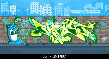 Colorato Outdoor Urban Streetart Graffiti Wall con disegni sullo sfondo del paesaggio urbano Vector Illustration Illustrazione Vettoriale