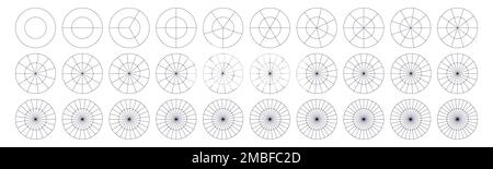 Cerchi geometrici divisi. Gruppo di sezioni del segmento. Geometria semplice. Schema con sezioni o fasi. Illustrazione con isolamento vettoriale Illustrazione Vettoriale