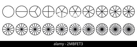 Torta frazioni divisa per matematica. Torta circolare con pezzi. Gruppo di sezioni del segmento. Geometria semplice. Illustrazione con isolamento vettoriale Illustrazione Vettoriale