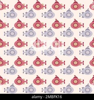 Modello vettoriale senza cuciture con Submarine.Underwater Cartoon Creatures.Marine background.cute motivo oceano per tessuto, abbigliamento per bambini, tessuti Illustrazione Vettoriale