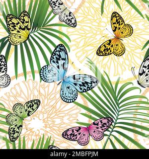 motivo senza cuciture con farfalle tropicali e rami di palma Illustrazione Vettoriale