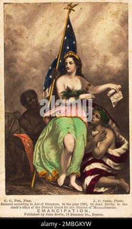 Emancipazione, 1863. Titolo aggiuntivo: Emancipazione, un disegno propagandistico raffigurante una figura femminile che tiene un rotolo, circondato da un maschio e da una femmina schiava, avvolto nella bandiera degli Stati Uniti. Foto Stock