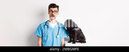 Bel veterinario medico fissando a macchina fotografica sorpreso, piccolo cane nero pug seduta e in attesa di esame in clinica di veterinario, sfondo bianco Foto Stock