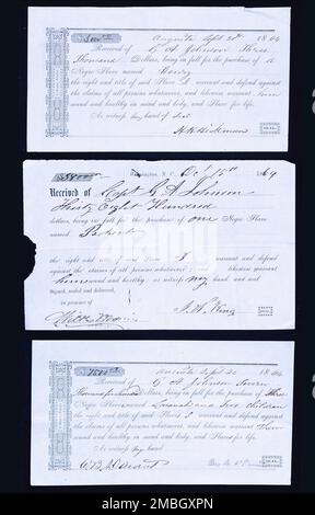 Fatture di vendita degli schiavi; tre ricevute di vendita emesse a New Orleans, Louisiana, 1861. Foto Stock