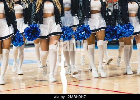 Medium shot di cheerleaders che camminano sul campo da basket e che tengono blu lucente pom-pom nelle loro mani. Foto di alta qualità Foto Stock