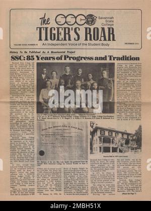 Il ruggito della Tigre: Una voce indipendente del corpo studentesco, Volume XXXII, 1975-12. 'La storia sarà pubblicata come progetto bicentenario. SSC [Savannah state College]: 85 anni di progresso e tradizione. [Foto verticale]. Classe di 1900 Georgia state Industrial College motto - "Diligentia non astutia". Prima fila l-r: M. L. Whitmore, Richard Wright - College, Presidente, D. C. Suggs - Vicepresidente del College, E. W. Bisard. Seconda fila l-r: J. W. Haigler, F. A. Fields, E. W. Houston, S. A. Grant, E. McIntosh, E. A. Overstreet". Foto di 'il diploma della compianto Miss Lula Smith che si è laureata Foto Stock