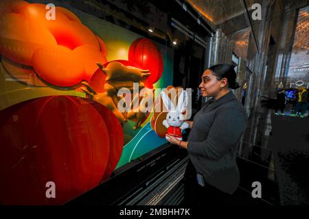 New York, Stati Uniti. 20th Jan, 2023. Una donna guarda un'installazione alla Spring Festival Window Exhibition nella lobby dell'Empire state Building a New York, negli Stati Uniti, il 20 gennaio 2023. L'Empire state Building ha dato il via alle celebrazioni del Capodanno lunare il venerdì mattina con illuminazione cerimoniale e presentazione della Fifth Avenue Window Exhibition. Credit: Winston Zhou/Xinhua/Alamy Live News Foto Stock