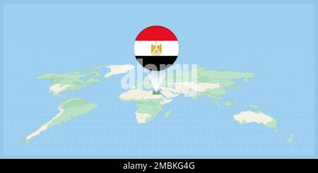 Posizione dell'Egitto sulla mappa del mondo, contrassegnata con il simbolo della bandiera egiziana. Illustrazione vettoriale cartografica. Illustrazione Vettoriale