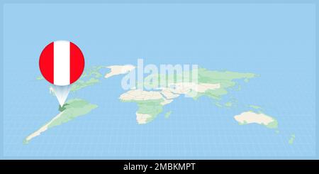Posizione del Perù sulla mappa del mondo, contrassegnato con la bandiera Perù pin. Illustrazione vettoriale cartografica. Illustrazione Vettoriale