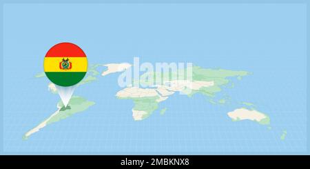 Posizione della Bolivia sulla mappa del mondo, contrassegnata con la bandiera della Bolivia. Illustrazione vettoriale cartografica. Illustrazione Vettoriale