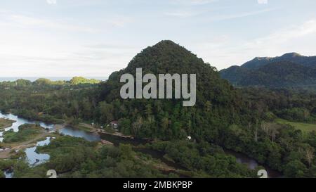 Una foto aerea di una collina con alberi verdi e ombrosi, nella provincia di Aceh, Indonesia Foto Stock