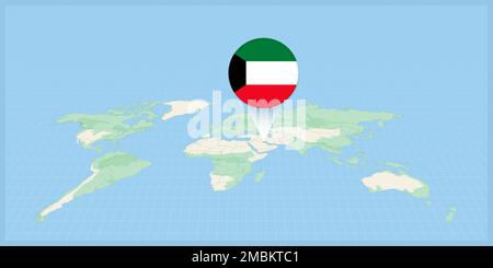 Posizione del Kuwait sulla mappa del mondo, contrassegnata con la bandiera del Kuwait. Illustrazione vettoriale cartografica. Illustrazione Vettoriale