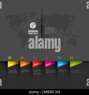 Modello timeline di avanzamento orizzontale scuro del vettore con pietre miliari triangolari di sei anni con descrizioni. Timeline colorata e scura con titoli a colori accesi Illustrazione Vettoriale