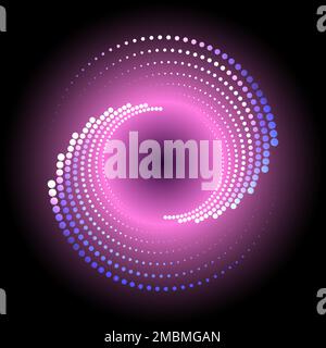 Cerchio rosa di mezzitoni punteggiati con bagliore al neon su sfondo nero. Illustrazione Vettoriale