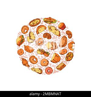 Schizzo colorato di pane e panetteria in tondo Illustrazione Vettoriale