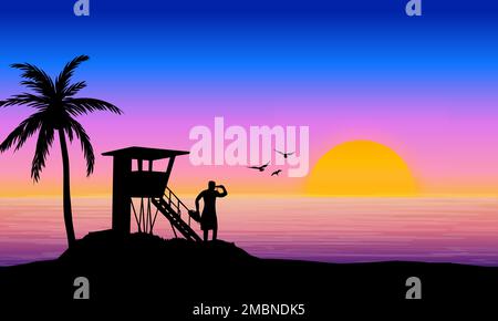 Esotico paesaggio della spiaggia con bagnino e palma in stile retrò anni '80. Design panoramico. Lato del mare, costa occidentale, Miami Vibes. Illustrazione Vettoriale
