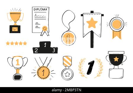 Primo posto doodle icona. Premio del vincitore, coppa del campione, nastro in stile disegnato a mano. Illustrazione della linea della vittoria. Medaglie e diploma Set vettore. Campione Illustrazione Vettoriale